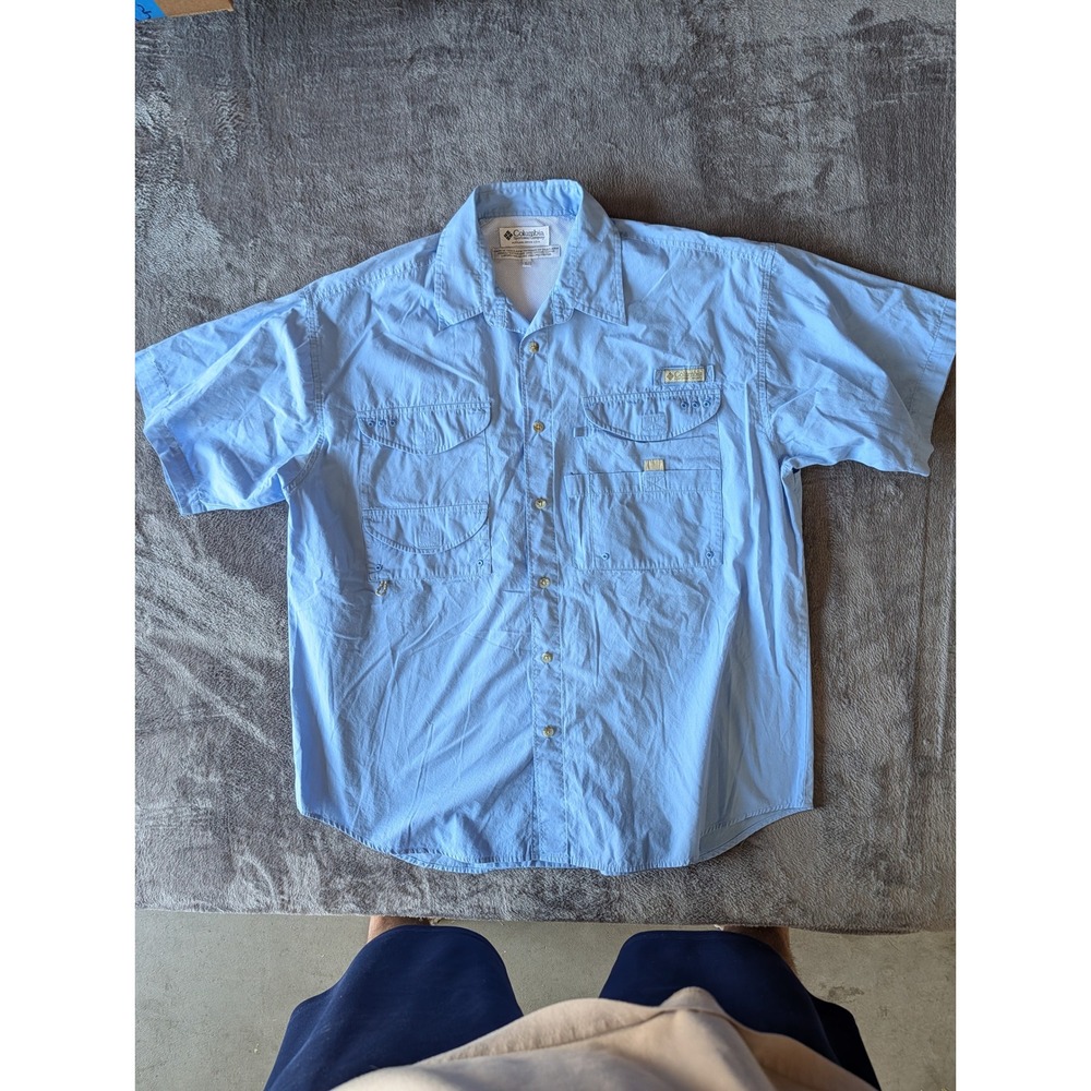 Columbia PFG Mens Blue Short Sleeve Fishing Shirt Bahama Vented L FM7130